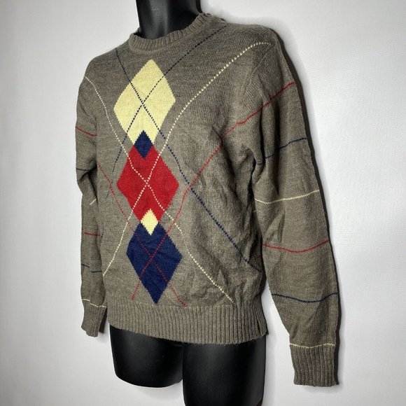 Vintage 70s Bruce Jenner Sports In Motion Taupe Brown Argyle Sweater - Picture 5 of 7